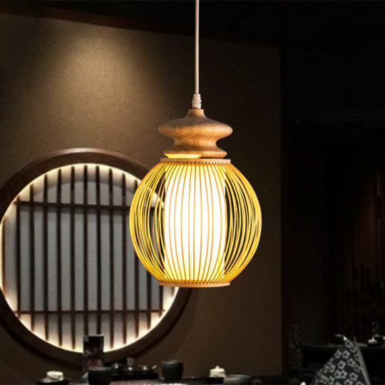 Bamboo Global Shade Hanging Lamp In Asian Style With Wooden Cap - Beige 9/12 Dia