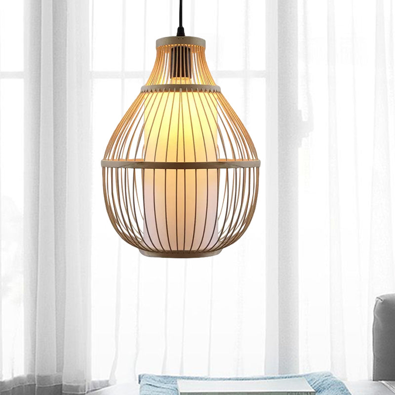 Bamboo Teardrop Pendant Lamp With Cylinder Paper Shade- Lodge Style Beige Lighting