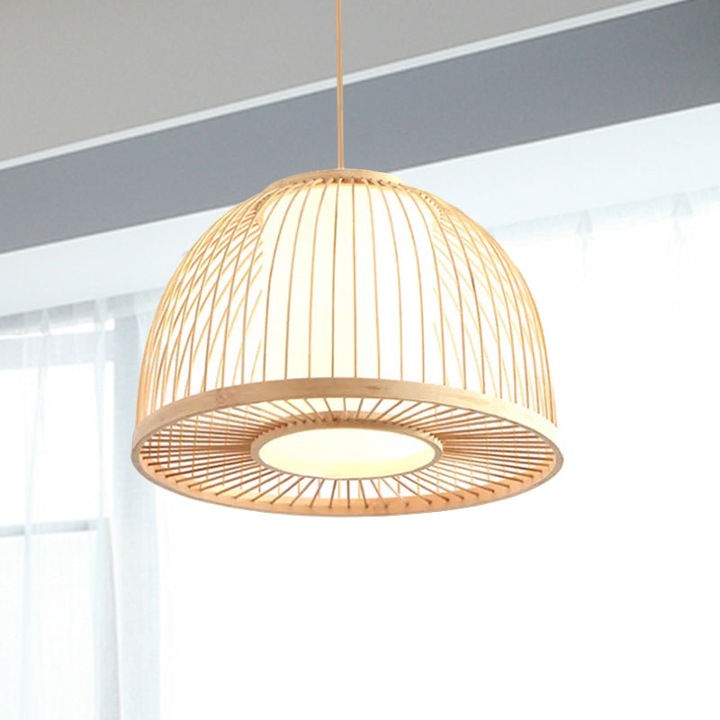 Bamboo Domed Pendant Lamp With Inner Shade - Modern 1-Light Ceiling Fixture Beige 12/14 Diameter