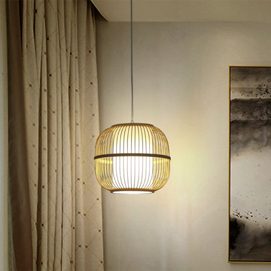 Contemporary Beige Bamboo Pendant Lamp With Inner Cylindrical Shade - 1-Light Ceiling Fixture