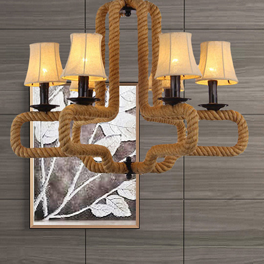 Loft Style 6-Head Brown Chandelier Light With Fabric Bell Shades And Rope Detail - Ideal For