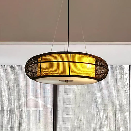 Modern 3-Head Bamboo Pendant Light With Stylish Drum Shade For Dining Room Ceiling (Black/Wood)