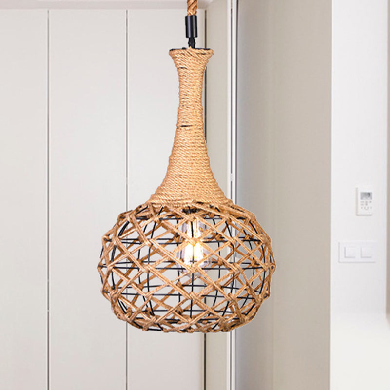 Beige Nautical Globe Cage Pendant Light with Metal & Rope Suspension - Ideal for Dining Room - 1 Light