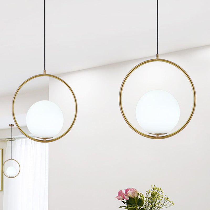 Retro Industrial Gold Suspension Light - Head Ring Pendant with Opal Glass Shade, 12"/14" Width