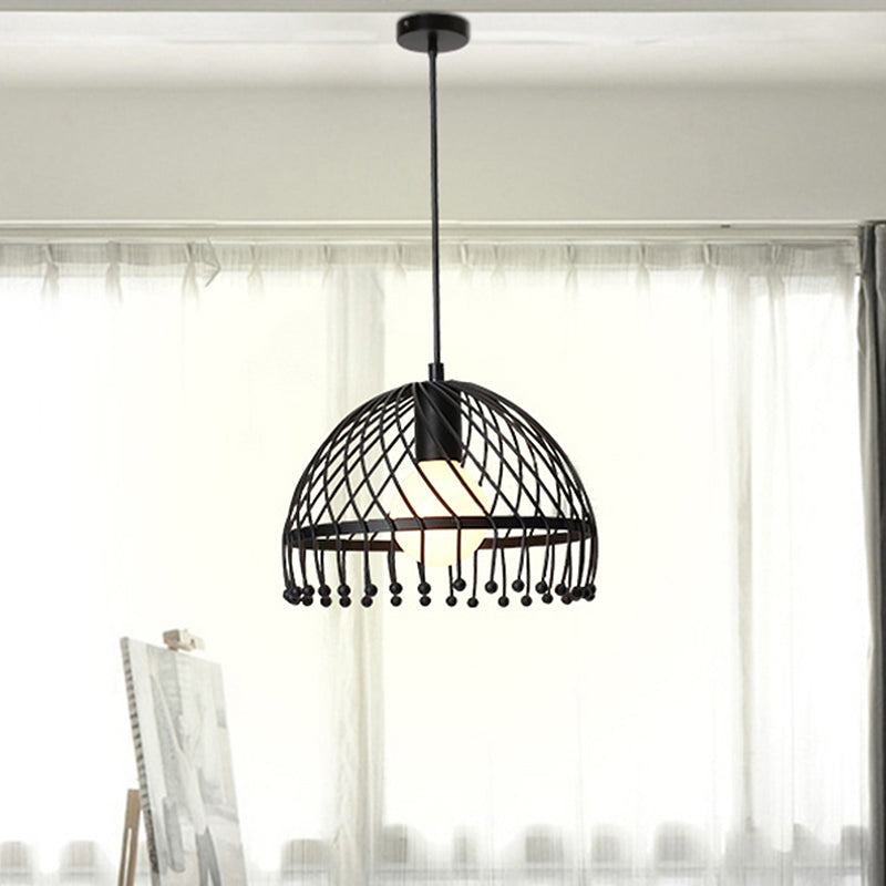 Retro Loft Black Metal Pendant Lamp: 1-Light Dome Caged Ceiling Light for Living Room