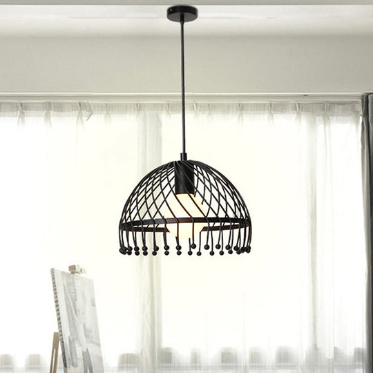 Retro Loft Black Metal Pendant Lamp: 1-Light Dome Caged Ceiling Light for Living Room