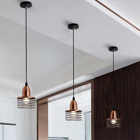 Industrial Retro Pendant Lighting: 1-Light Drum Pendant with Wire Cage Shade for Kitchen Ceiling, Black/Bronze Metal