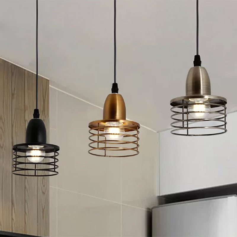 Industrial Retro Pendant Lighting: 1-Light Drum Pendant with Wire Cage Shade for Kitchen Ceiling, Black/Bronze Metal