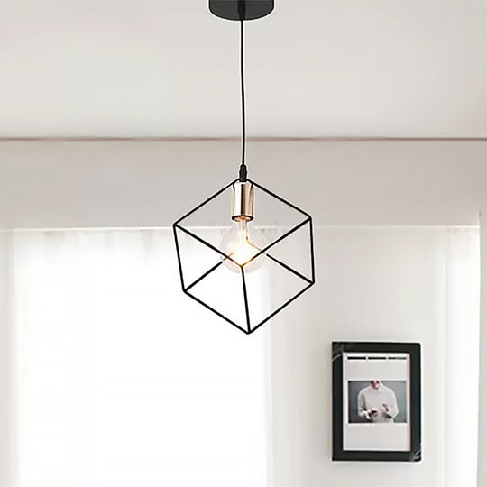 Retro-Style Black Metal Cage Ceiling Fixture for Living Room with 1 Squared Light