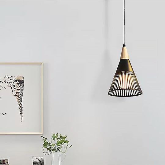 Metallic Cone Ceiling Light: Contemporary 1-Light Pendant in Black/Gold/White with Cage Shade