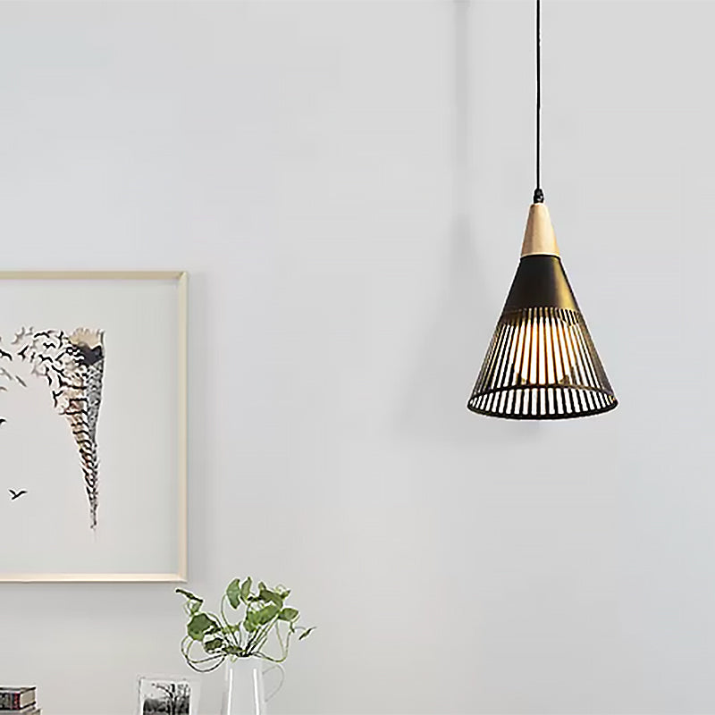 Contemporary Metallic Cone Ceiling Light With Cage Shade - 1-Light Pendant For Bedroom In