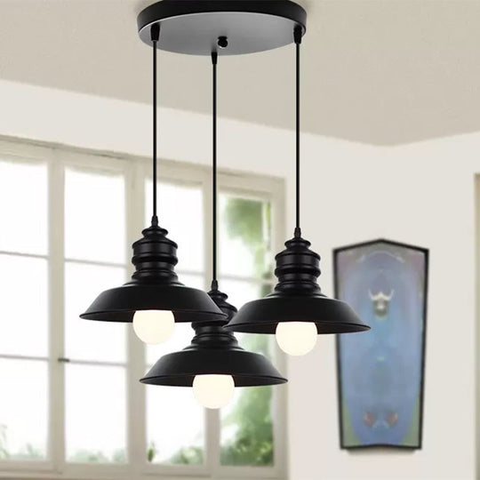 Farmhouse Barn Pendant Light - 3-Light Metallic Hanging Fixture with Round/Linear Black Canopy