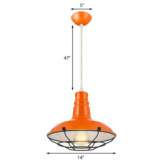 Industrial Metal Pendant Light With Wire Guard In Orange Blue And Green 1-Light 10/14/18 Dia -