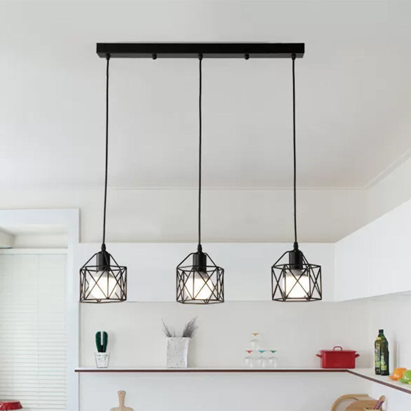 Hexagon Kitchen Ceiling Fixture - Wire Cage Pendant Light with Farmhouse Style, Metallic Finish - 3 Bulbs, Black