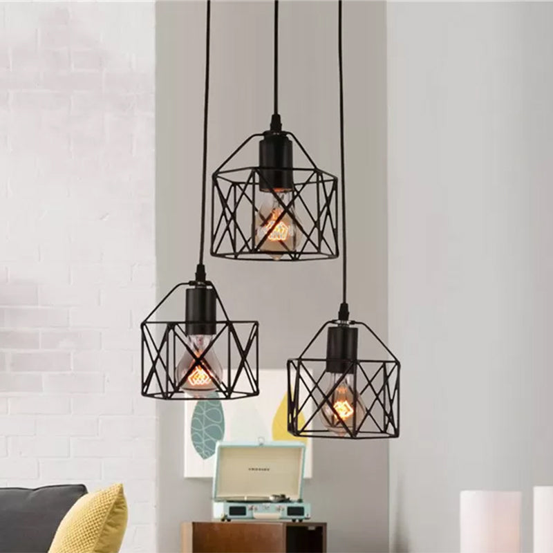 Hexagon Kitchen Ceiling Fixture - Wire Cage Pendant Light with Farmhouse Style, Metallic Finish - 3 Bulbs, Black