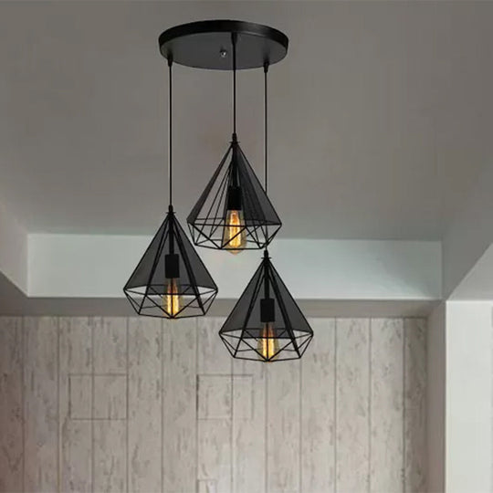 Retro Style Black Diamond Cage Pendant Light With 3 Metallic Heads For Dining Rooms - Round/Linear