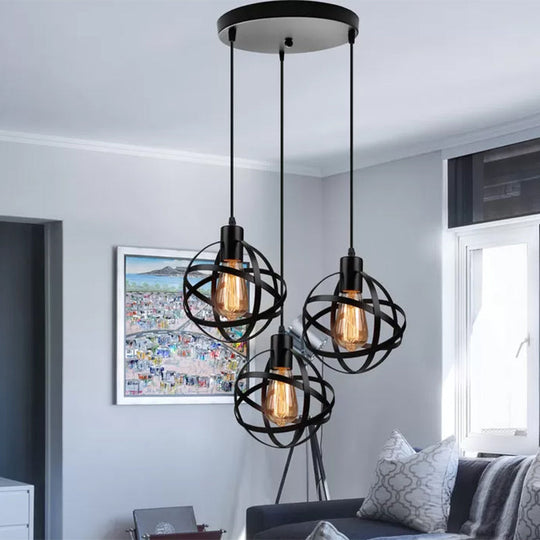 Spherical Pendant Light Fixture - Industrial Black Metal Hanging With Wire Guard Ideal For Dining