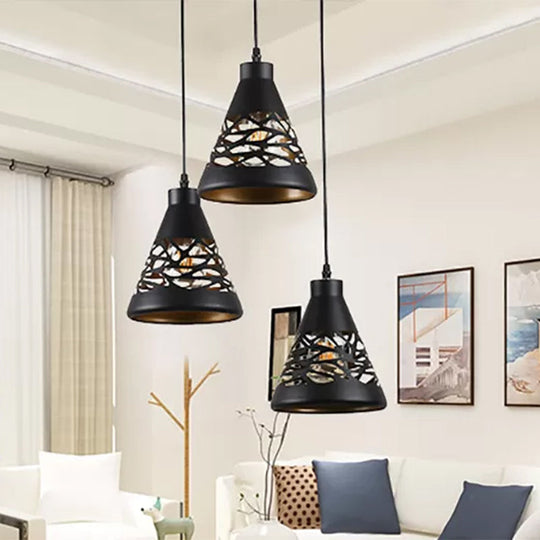 Hollow Out Industrial Ceiling Light - Black Conical Hanging Light with 3 Lights