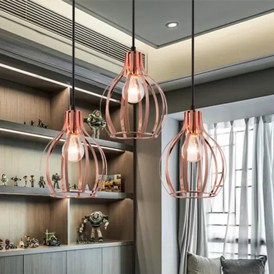 Metallic Rose Gold Pendant Lighting - Industrial Style Ceiling Light Fixture with Cage Shade - 3 Lights - Round/Linear Canopy