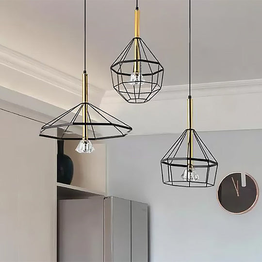 Industrial Wire Cage Pendant Ceiling Light With 3 Different Shade Lights - Black Metal Hanging