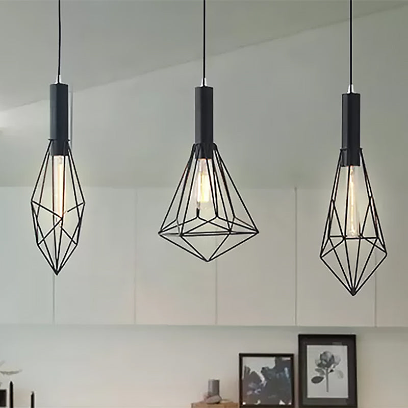 Retro Style Polygon Ceiling Light with Cage Shade - 3 Lights, Black Metallic