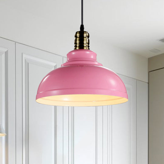 Industrial Style Dome Ceiling Fixture In Pink/Blue Metal With Adjustable Cord - 12/16 Width