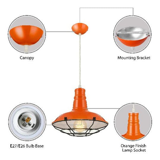 Industrial Metal Pendant Light Fixture with Wire Guard - Orange/Blue/Green Bowl Design - 10"/14"/18" Dia - Ideal for Dining Rooms