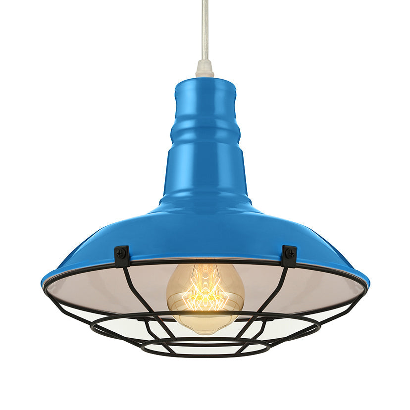 Industrial Metal Pendant Light With Wire Guard In Orange Blue And Green 1-Light 10/14/18 Dia -