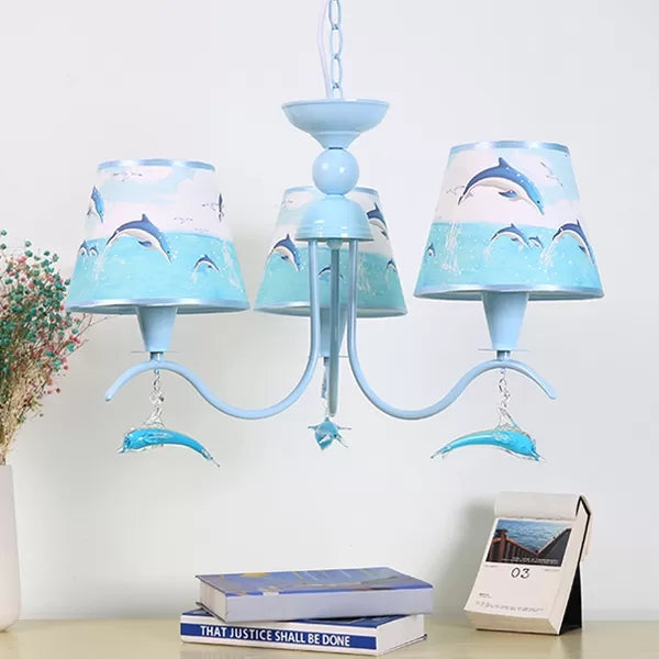 Blue Chandelier With Dolphin Deco: Creative Metal Hanging Light Ideal For Baby Room