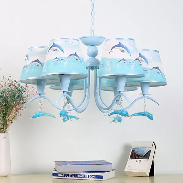 Blue Chandelier With Dolphin Deco: Creative Metal Hanging Light Ideal For Baby Room