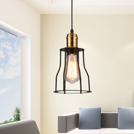 1-Bulb Bronze/Brass Suspended Metal Pendant Lamp - Mini Industrial Wire Cage Light for Living Room