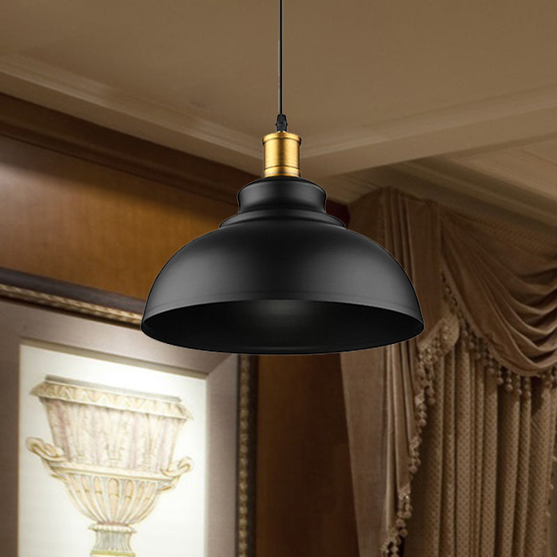 Adjustable Cord Black/White Retro Metal Dome Shade Ceiling Pendant - 1 Bulb Hanging Fixture in 12"/14"/16" W