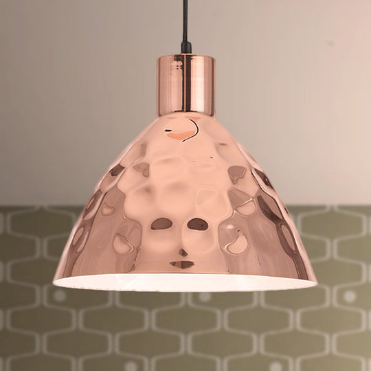 Rose Gold Industrial Pendant Light with Dimpled Conic Metal Design and Hanging Cord