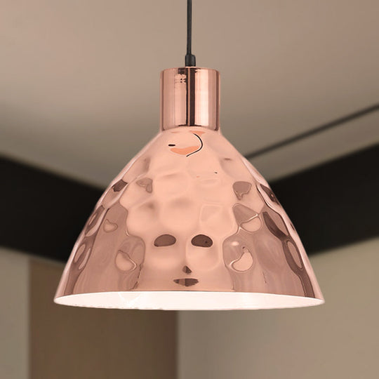 Rose Gold Industrial Pendant Light with Dimpled Conic Metal Design and Hanging Cord