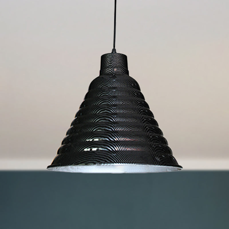 Industrial Style Metal Hanging Light - Ribbed Tapered Shade Black Finish Restaurant Pendant Lighting