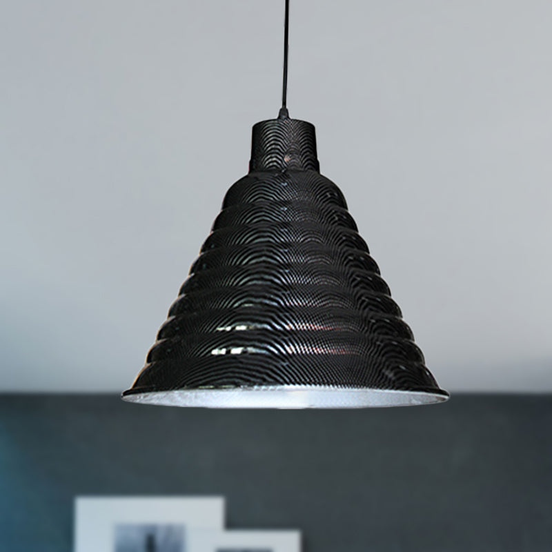 Industrial Style Metal Hanging Light - Ribbed Tapered Shade Black Finish Restaurant Pendant Lighting