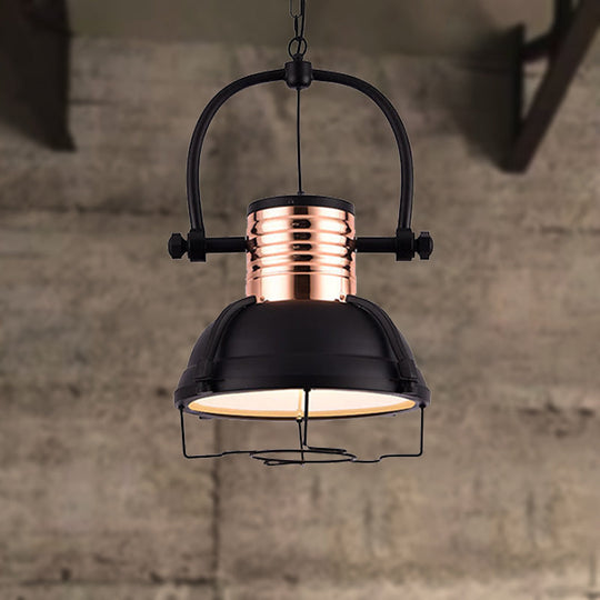 Matte Black Industrial Pendant Light with Dome Shade, Glass Diffuser, and Wire Cage - 1 Light Ceiling Fixture