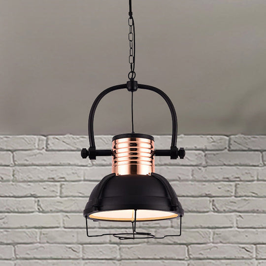 Matte Black Industrial Pendant Light with Dome Shade, Glass Diffuser, and Wire Cage - 1 Light Ceiling Fixture