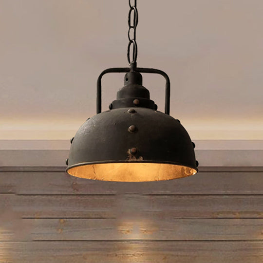 Country Rustic Style Antique Black Wrought Iron Pendant Light – 1-Light Dome Suspension