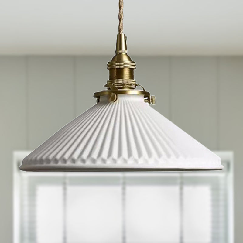 Industrial Style Ribbed Conical Pendant Light - 1 Ceramic Hanging Lamp White