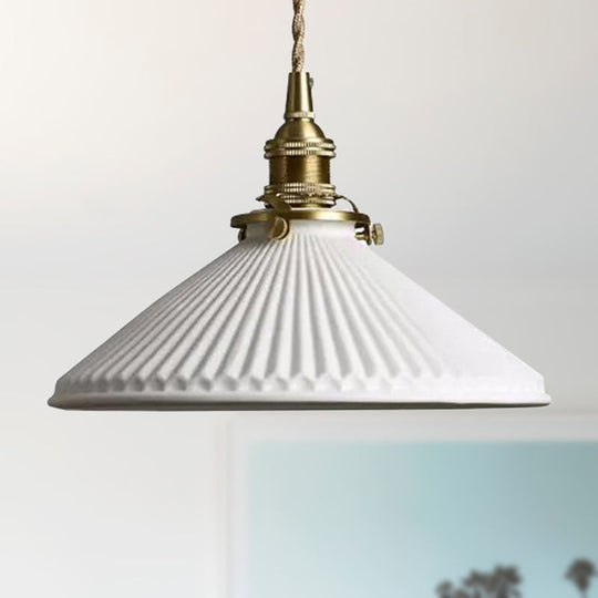 Industrial Style Ribbed Conical Pendant Light - 1 Ceramic Hanging Lamp White