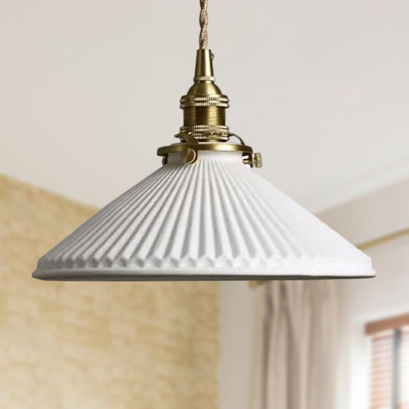 Industrial Style Ribbed Conical Pendant Light - 1 Ceramic Hanging Lamp White