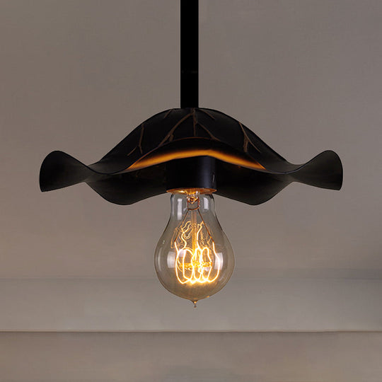 Industrial Metallic Hanging Lamp with Scalloped Shade - 1 Light, Black Finish