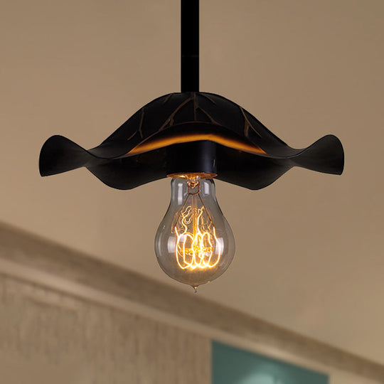 Industrial Metallic Hanging Lamp with Scalloped Shade - 1 Light, Black Finish