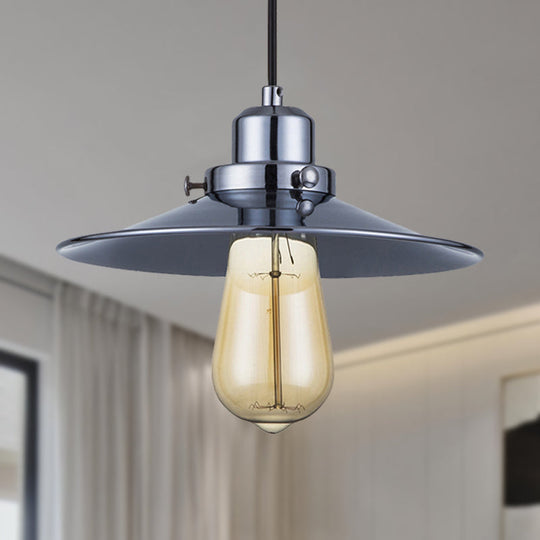 Industrial Retro Hanging Lamp - Polished Chrome With Flared Metal Shade 1 Bulb Pendant Light For