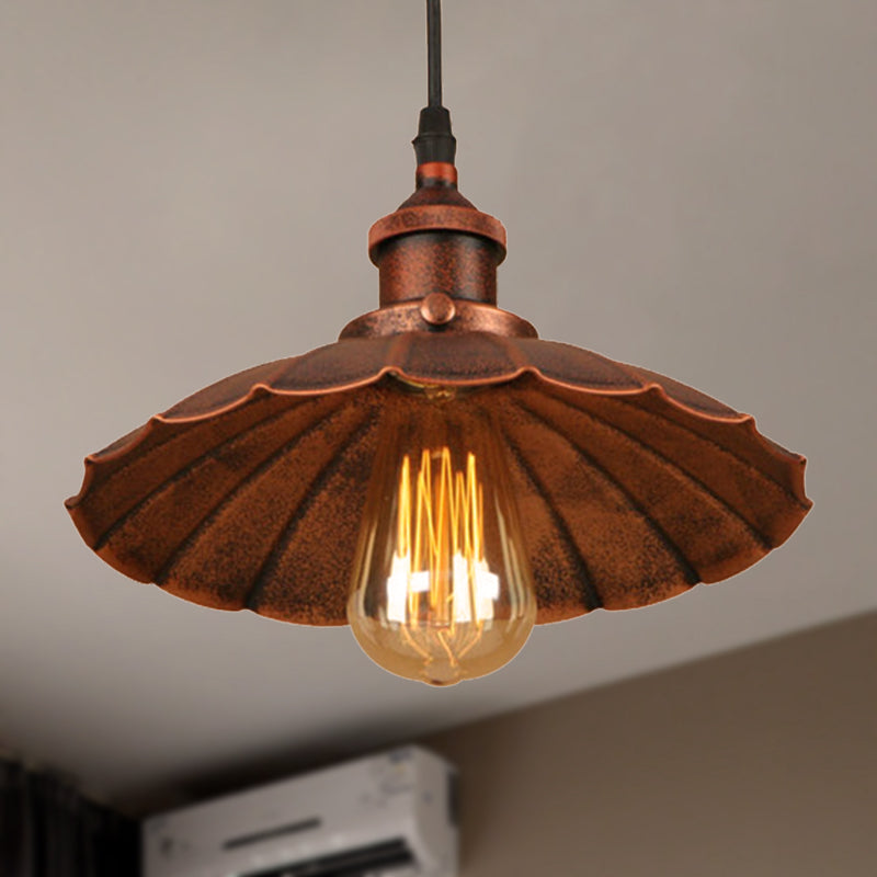 Iron Farmhouse Style Hanging Ceiling Light With Scalloped Shade Rust