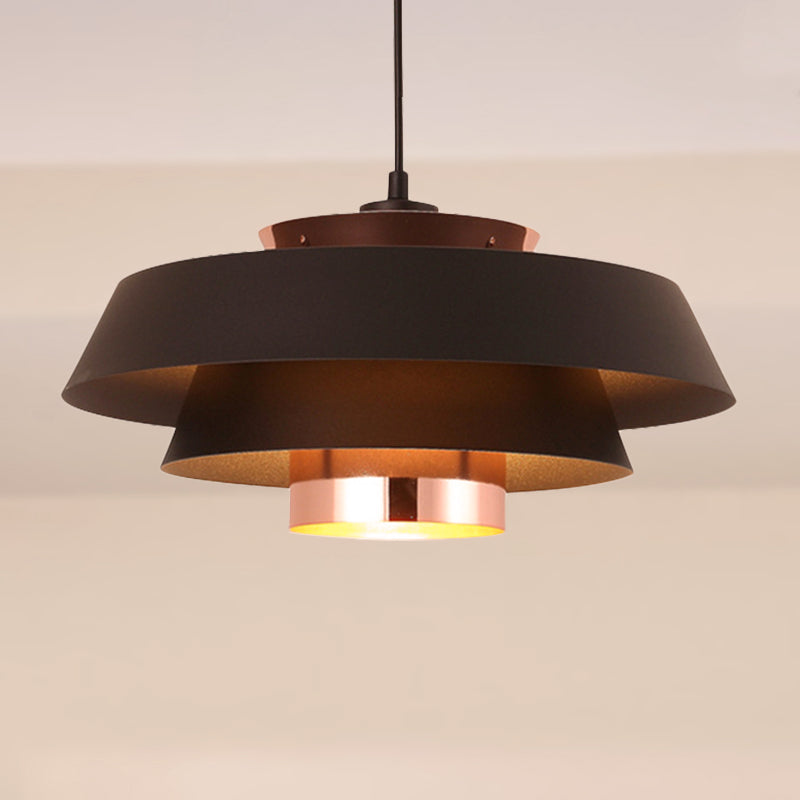 Retro Style 1-Light Metal 3-Tier Black Drum Shade Ceiling Fixture - Ideal For Restaurants