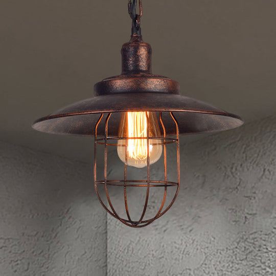 Nautical Saucer Ceiling Light With Cage Shade - Rustic Wrought Iron Pendant Rust