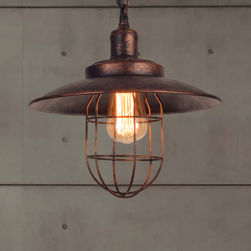 Nautical Rustic Saucer Pendant Light with Cage Shade - Wrought Iron Ceiling Fixture