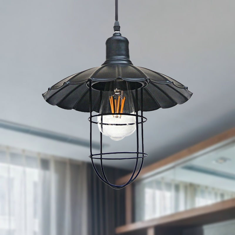 Nautical Style Metal Hanging Lamp With Scalloped Shade - 1 Head Restaurant Pendant Light In Black